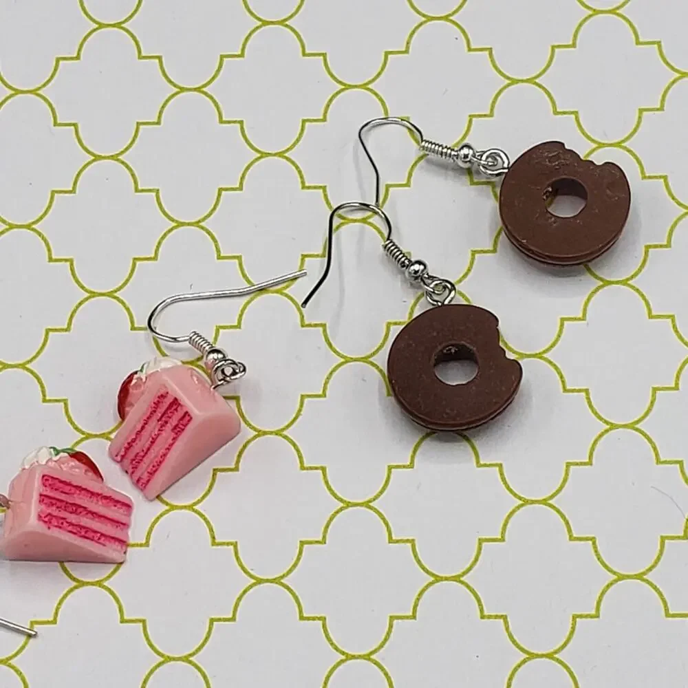 handmade Strawberry layered cake & chocolate donut‎ sweet treat earring set